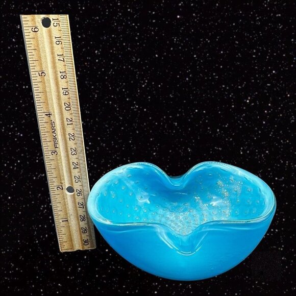 Murano Mid Century Art Glass Bowl Ashtray Blue Gold Aventurine Glitter 5”W 2”T - Picture 9 of 12